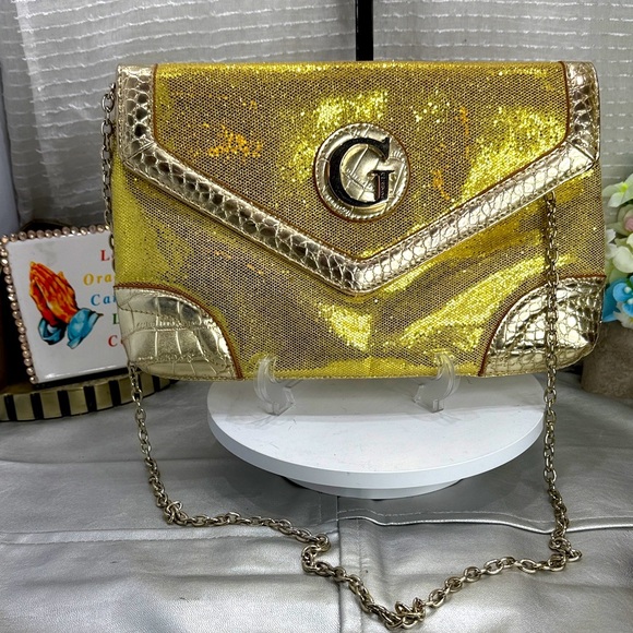 (E4) Guess virtual glitter clutch with flap and shoulder chain - Picture 1 of 15